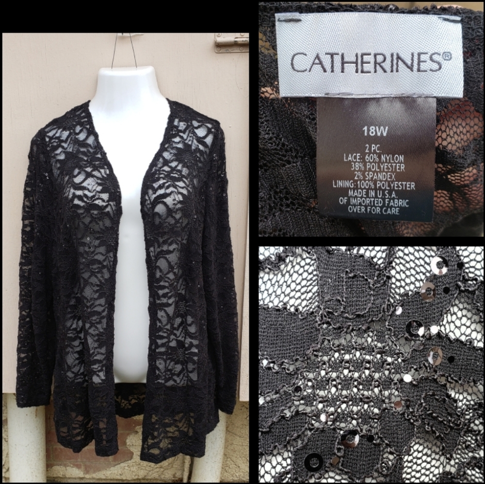 18W CATHERINES black stretch lace open front shirt